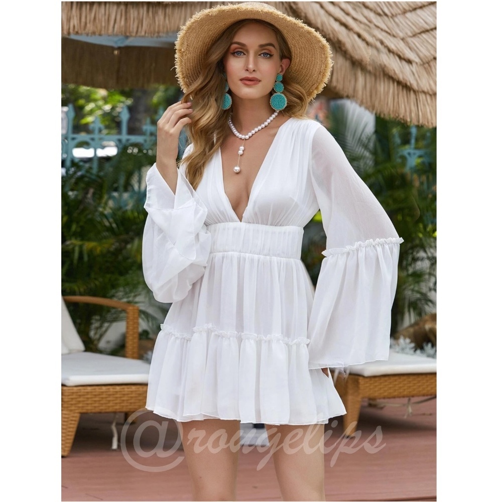 White Boho Mini Dress Flounce Sleeves Deep V Neck
